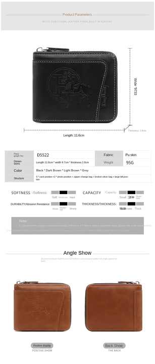 Dark Brown Men's Leather Wallet with Zipper and Horse Embossed Design