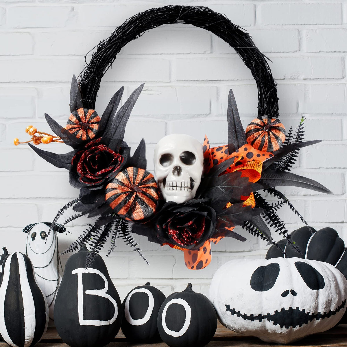 Halloween Wreath Artificial Skull Wreath Handmade Black Grapevine Wreath with Pumpkin Rose Ribbon Bat 15.7”Front Door Decorations-0