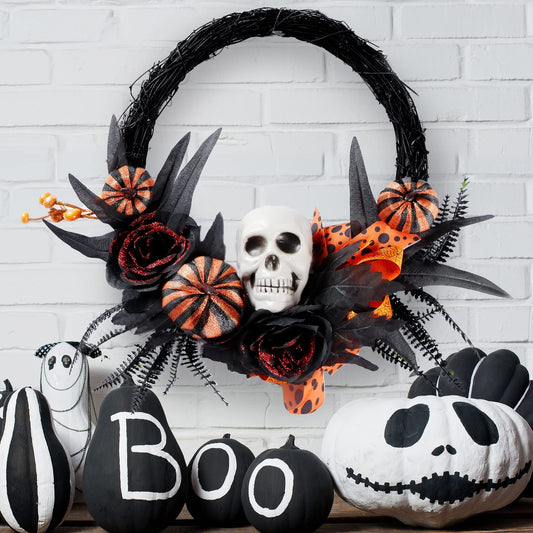 Halloween Wreath Artificial Skull Wreath Handmade Black Grapevine Wreath with Pumpkin Rose Ribbon Bat 15.7”Front Door Decorations-0