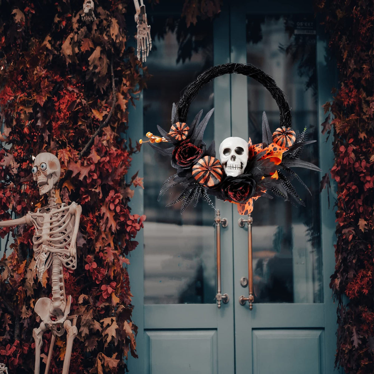 Halloween Wreath Artificial Skull Wreath Handmade Black Grapevine Wreath with Pumpkin Rose Ribbon Bat 15.7”Front Door Decorations-1