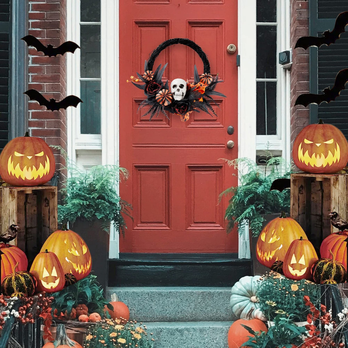 Halloween Wreath Artificial Skull Wreath Handmade Black Grapevine Wreath with Pumpkin Rose Ribbon Bat 15.7”Front Door Decorations-2