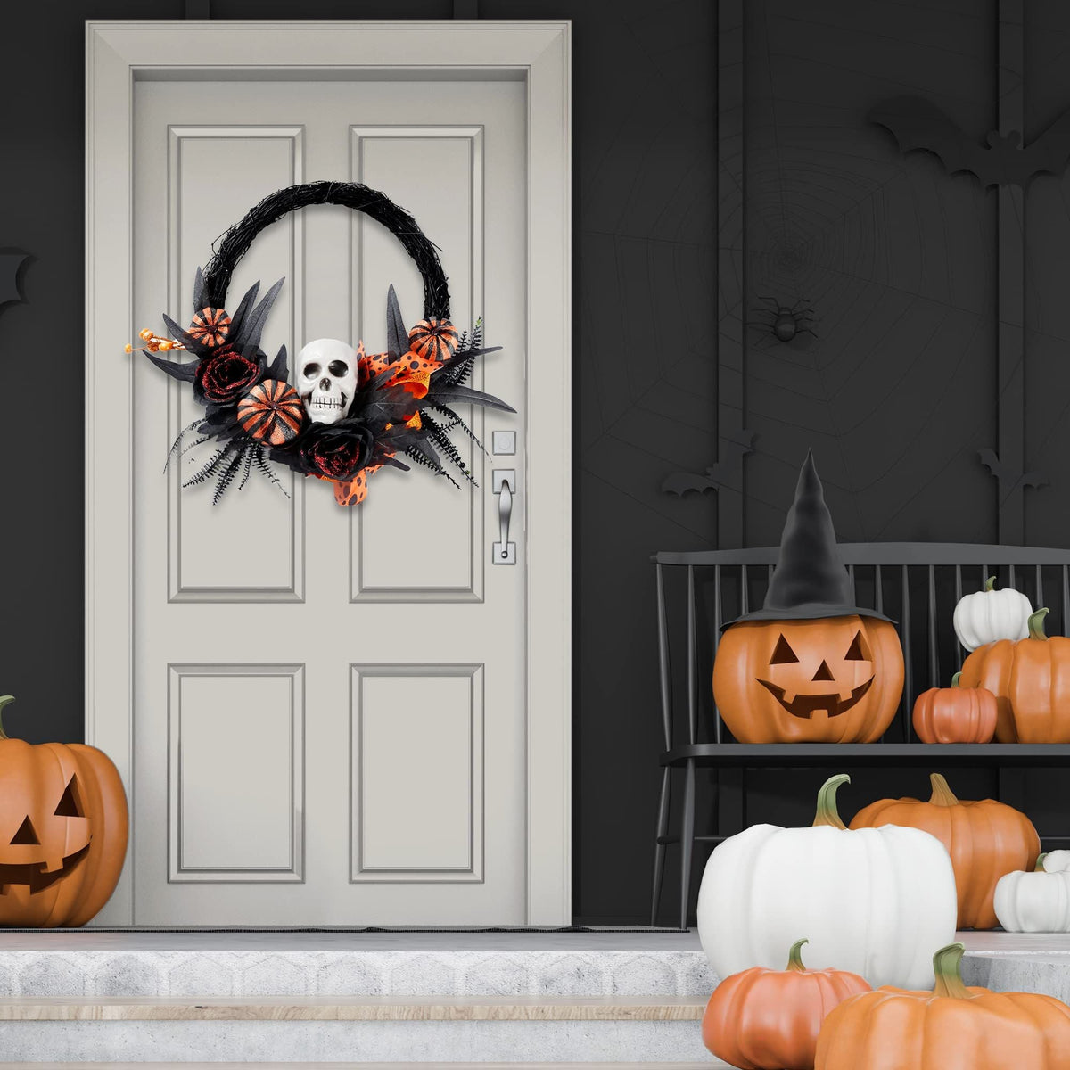 Halloween Wreath Artificial Skull Wreath Handmade Black Grapevine Wreath with Pumpkin Rose Ribbon Bat 15.7”Front Door Decorations-3