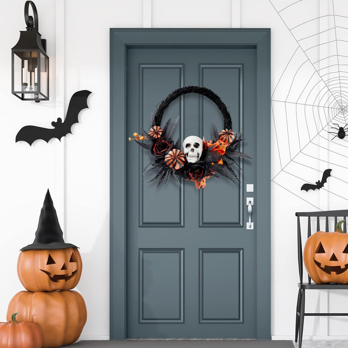 Halloween Wreath Artificial Skull Wreath Handmade Black Grapevine Wreath with Pumpkin Rose Ribbon Bat 15.7”Front Door Decorations-4