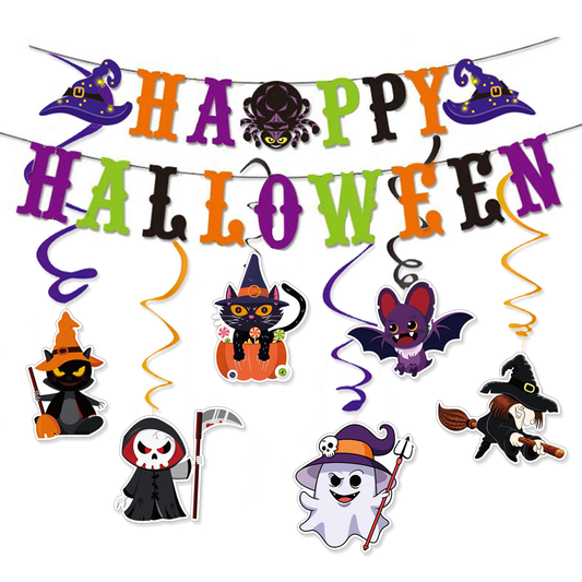 Halloween Hanging Swirl Banner Set Bat Witch Skull Spider Ghost Spiral Happy Halloween Party Decoration Kit-0
