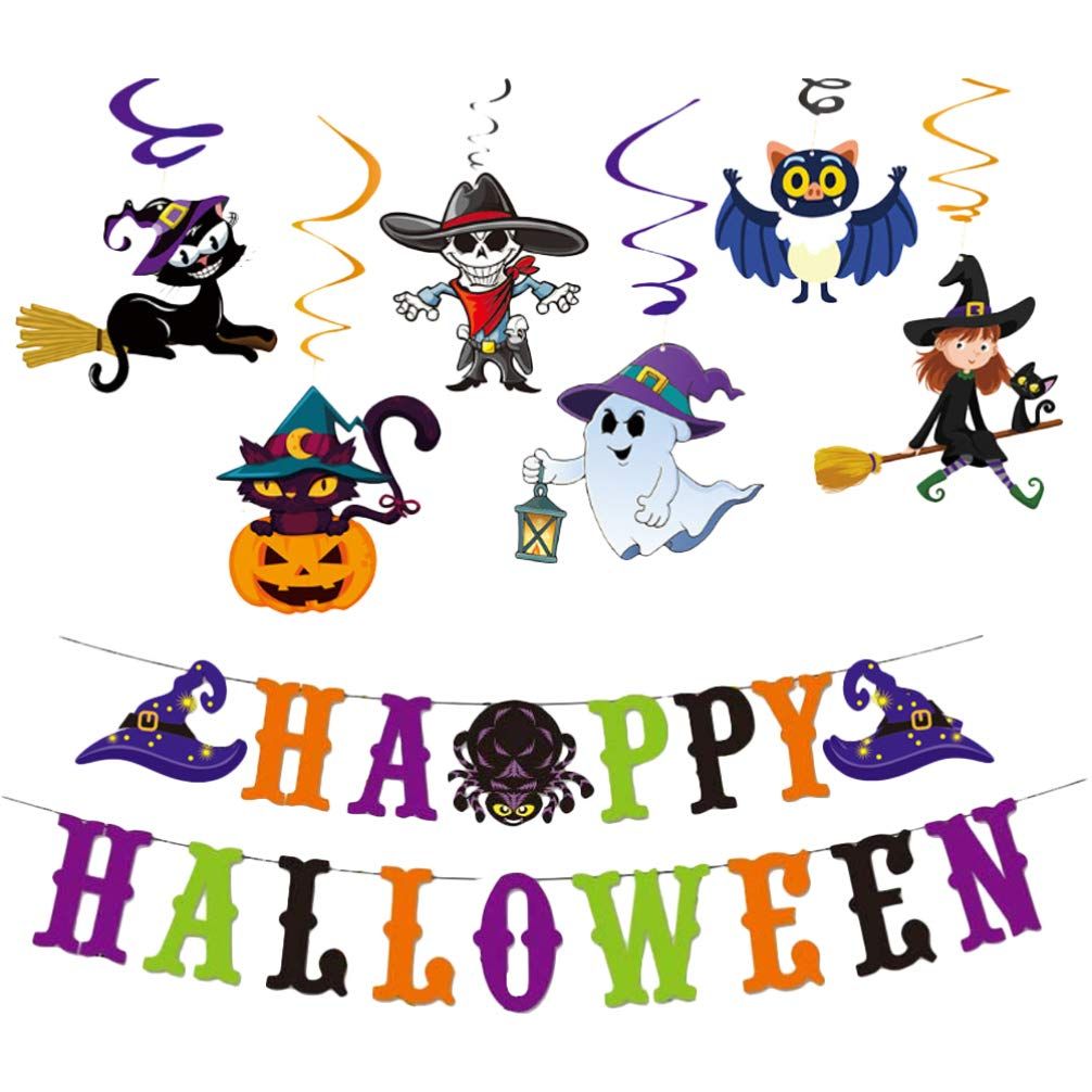 Halloween Hanging Swirl Banner Set Bat Witch Skull Spider Ghost Spiral Happy Halloween Party Decoration Kit-1