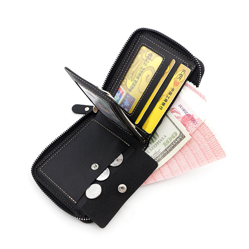 Dark Brown Men's Leather Wallet with Zipper and Horse Embossed Design