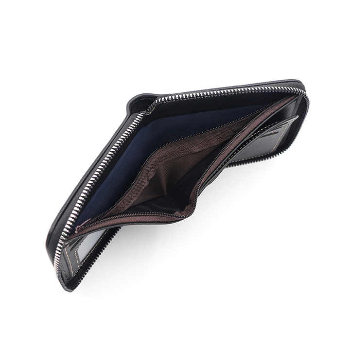 Dark Brown Men's Leather Wallet with Zipper and Horse Embossed Design